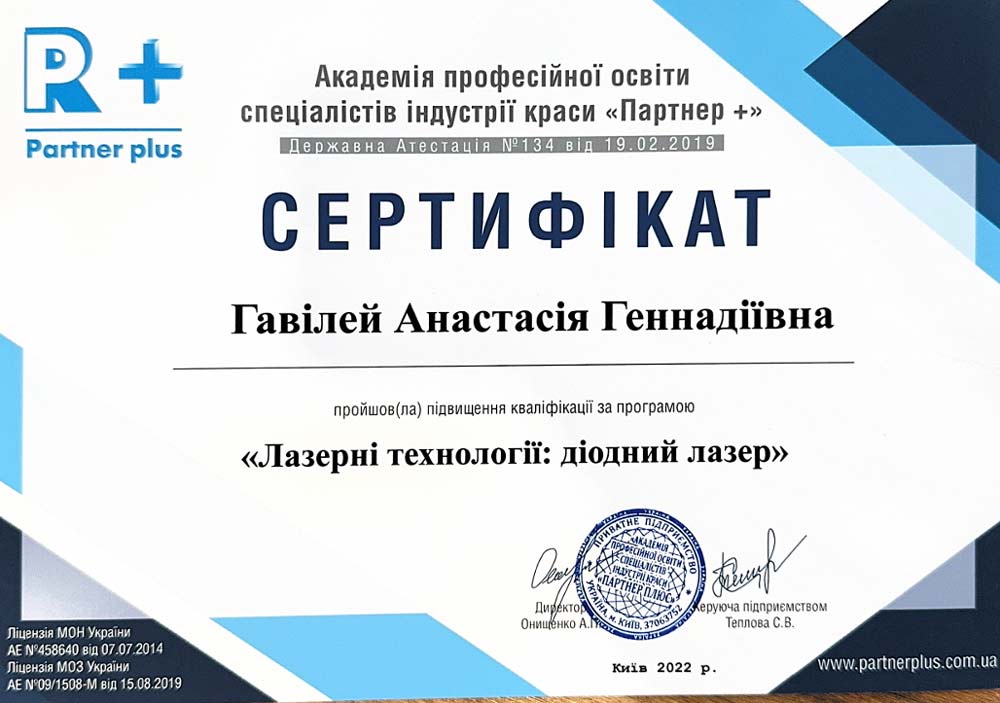 лікар дерматолог сертифікат гавілей анастасія сертифікат