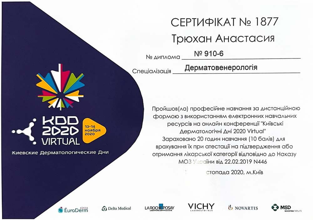 лікар дерматолог сертифікат гавілей анастасія сертифікат