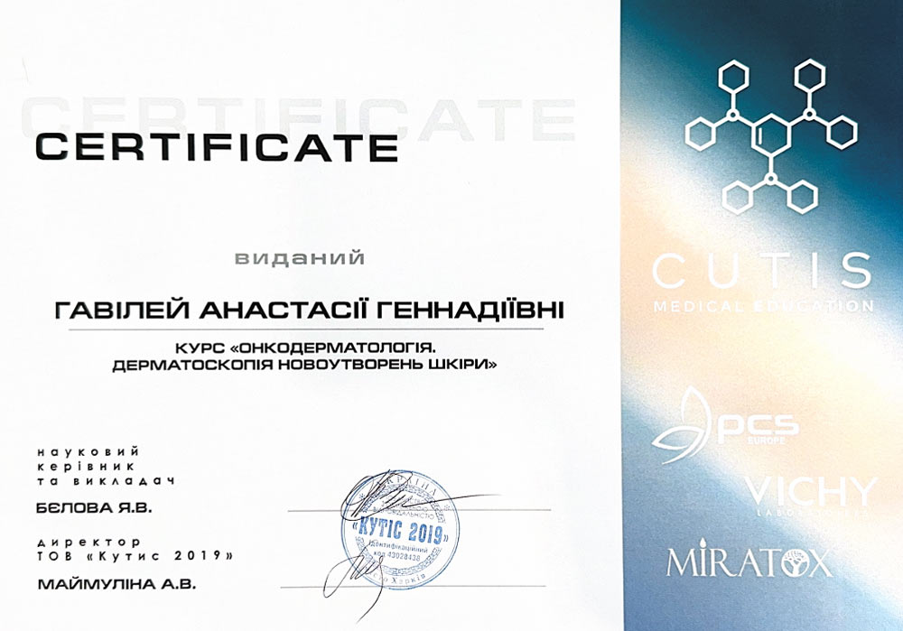 лікар дерматолог сертифікат гавілей анастасія сертифікат